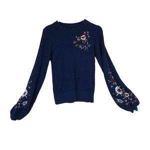 Lucky Brand Ribbed Knit Sweater w/Floral Embroidery, Puff Sleeves SZ S